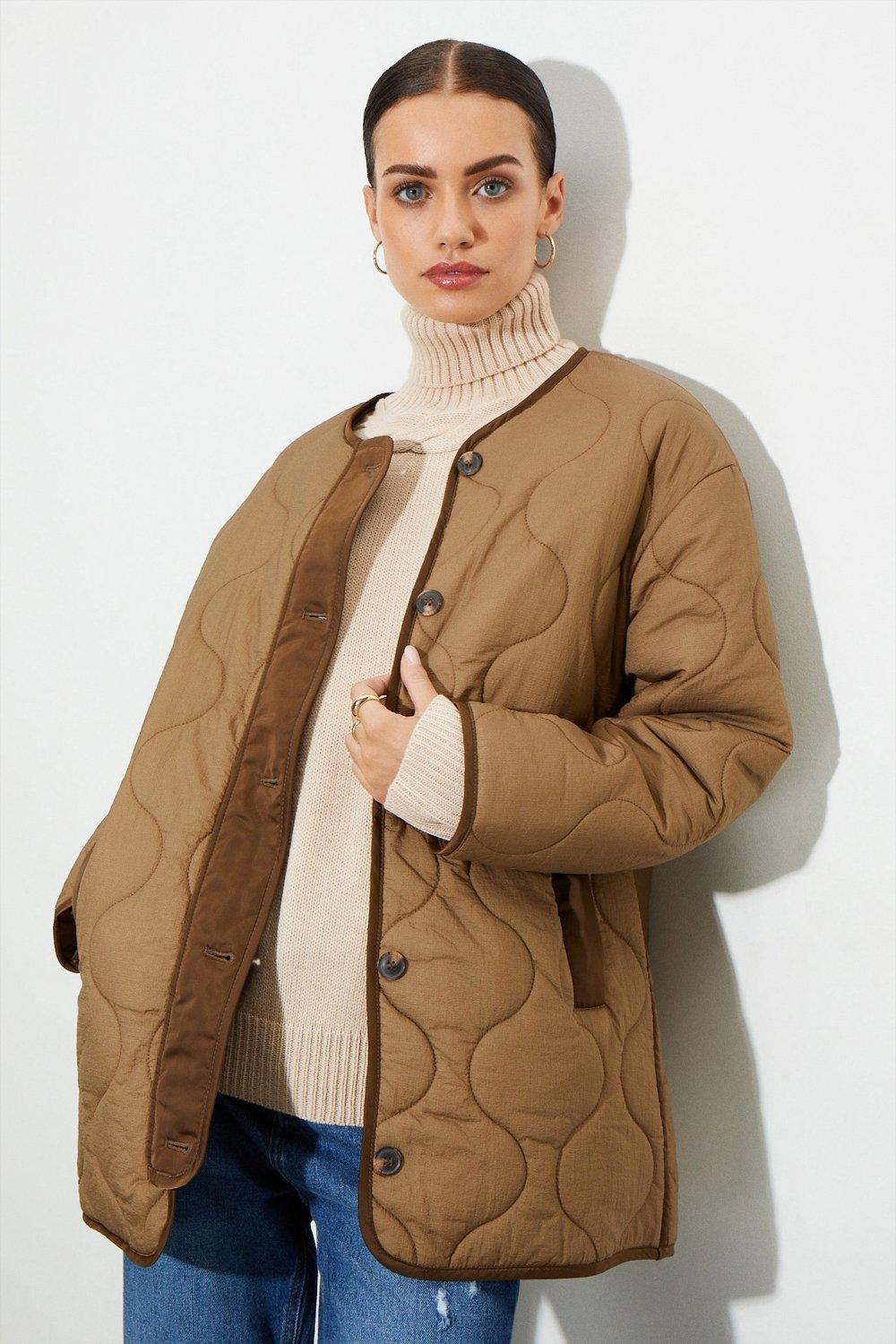 Women’s Petite Collarless Contrast Quilted Jacket - chocolate - S