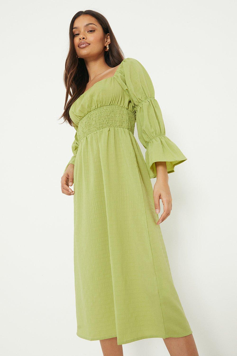 Women’s Petite Lime Puff Sleeve Shirred Midi Dress - 6