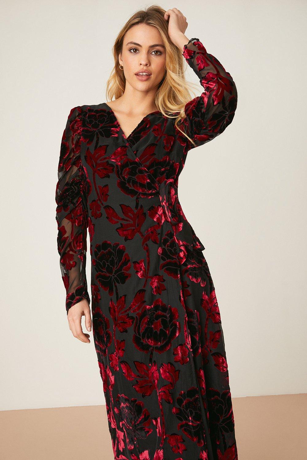 Women’s Red Burnout Floral Wrap Midi Dress - 10