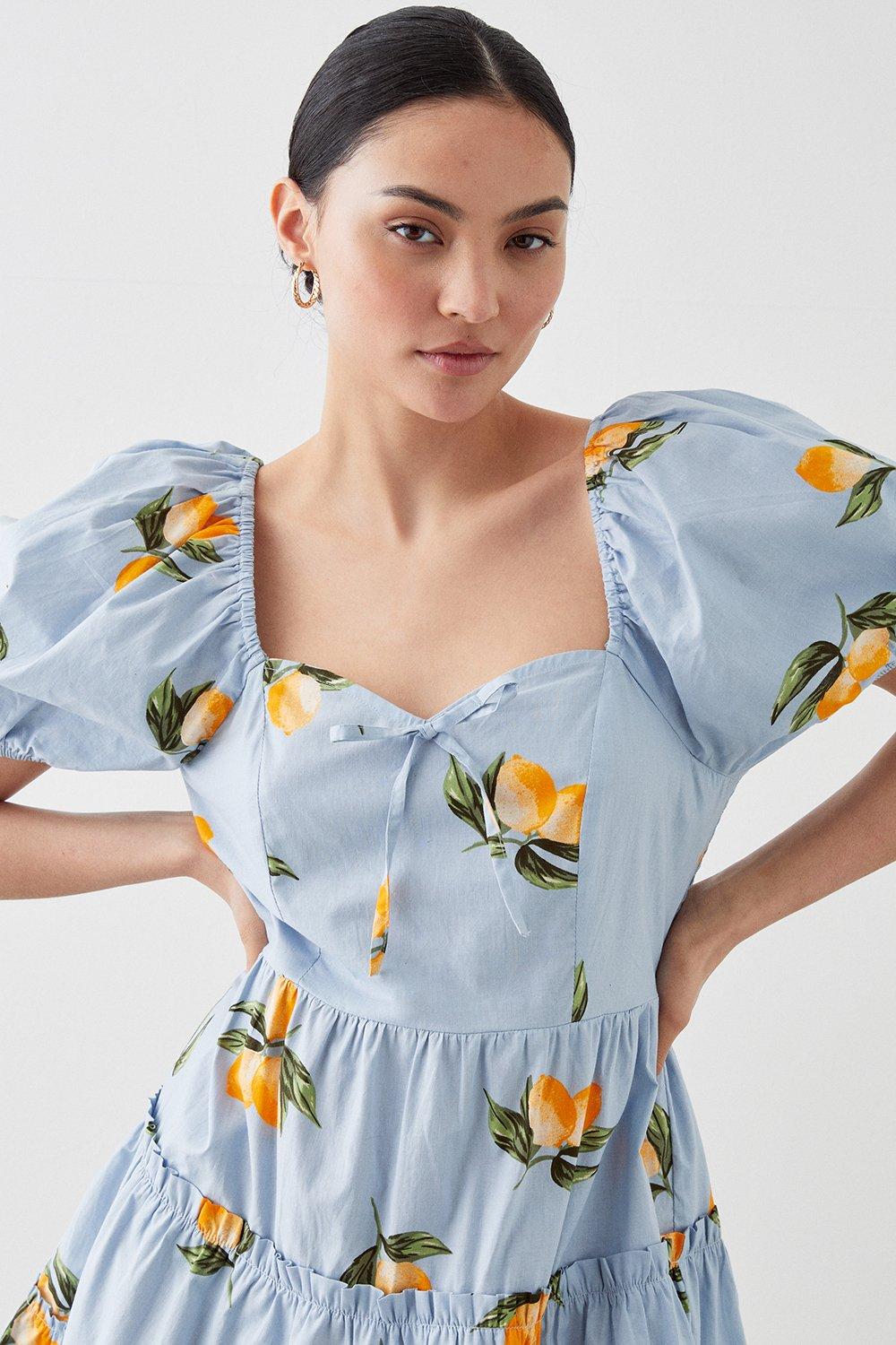 Women’s Petite Lemon Print Ruffle Mini Dress - blue - 8
