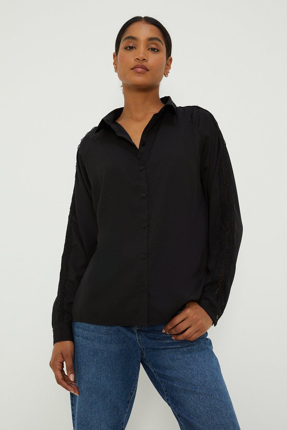 Women’s Lace Insert Long Sleeve Shirt - black - 16
