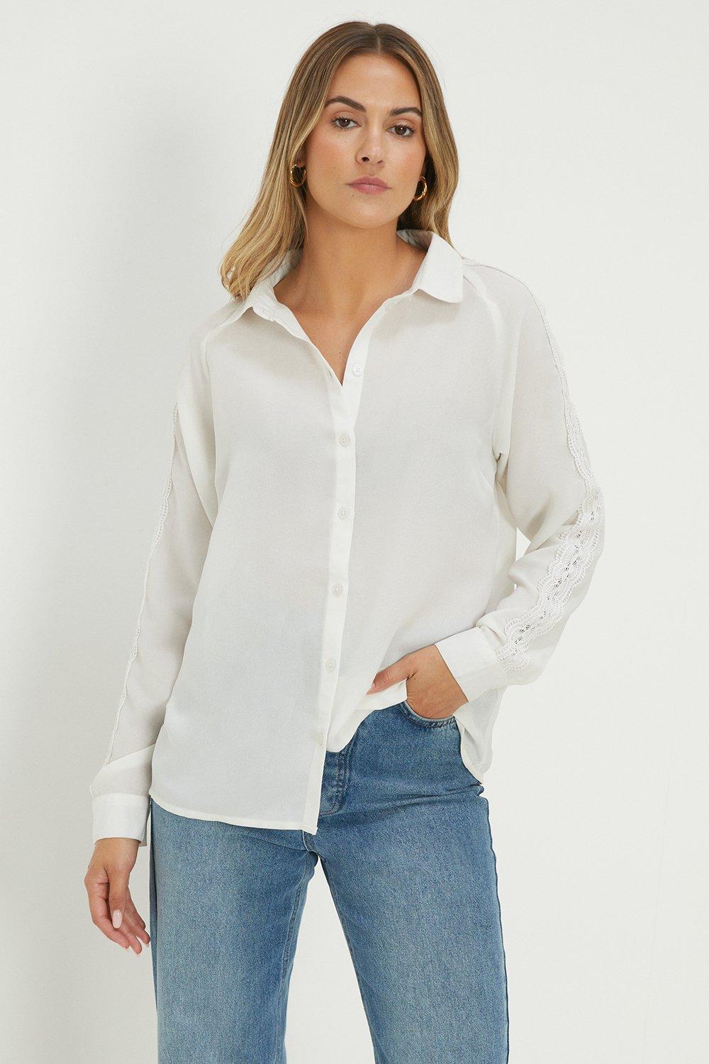 Women’s Lace Insert Long Sleeve Shirt - white - 16