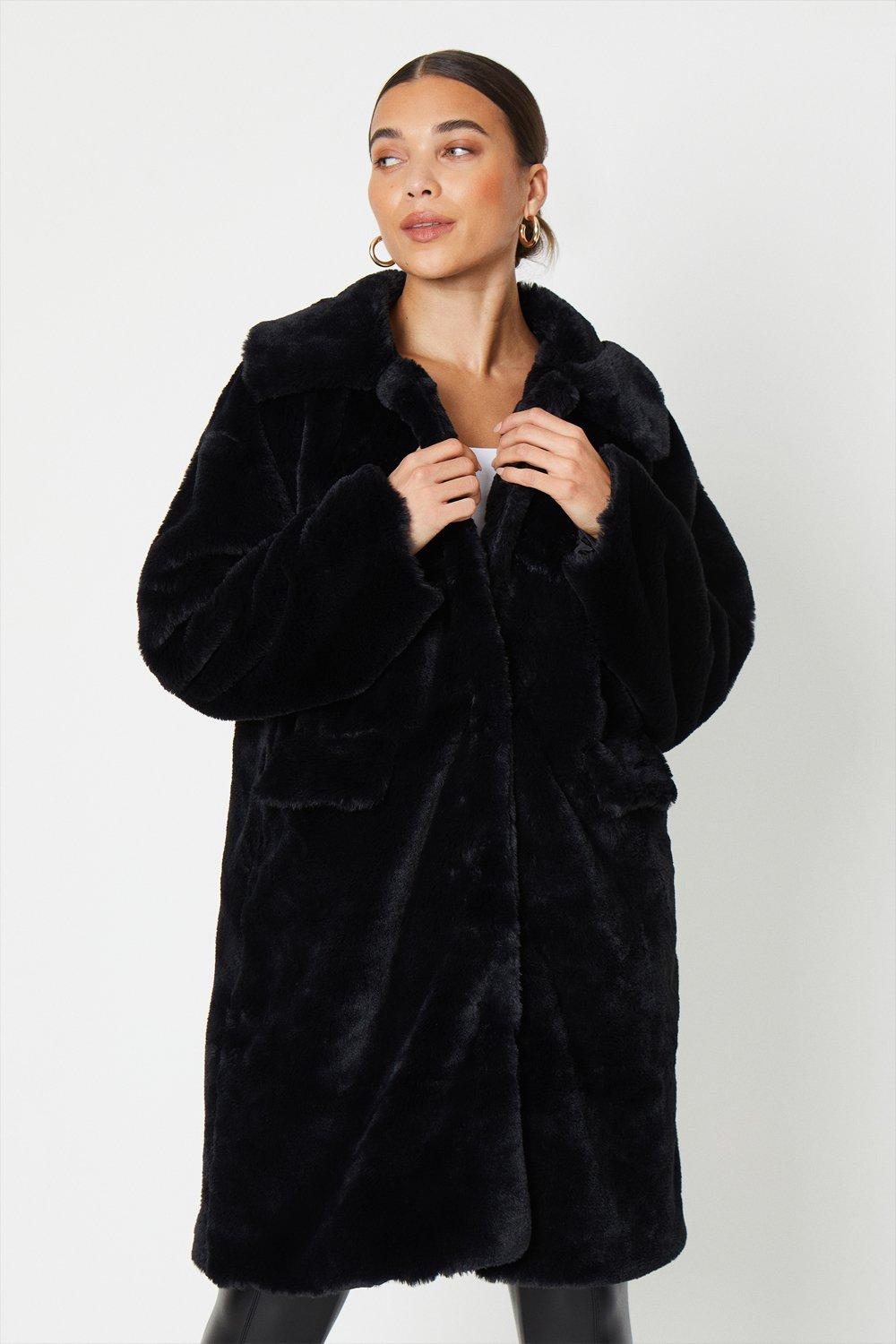 Women’s Petite Faux Fur Longline Collar Coat - black - M
