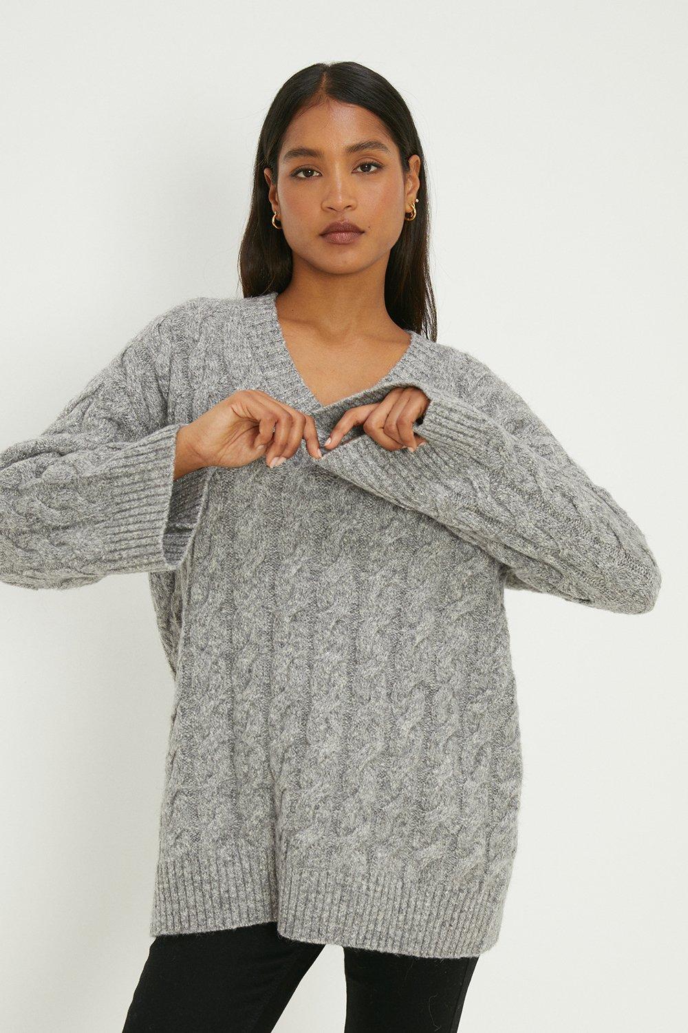 Women’s V-Neck Chunky Cable Tunic - grey - XL