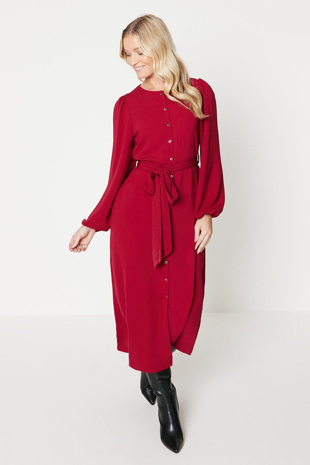 Women’s Collarless Midi Shirt Dress - berry - 14