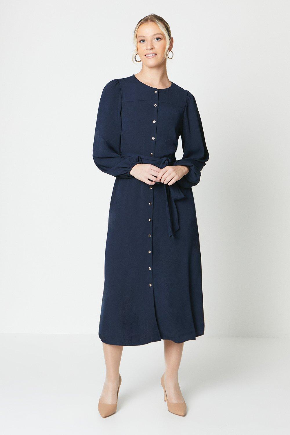 Women’s Collarless Midi Shirt Dress - navy - 14