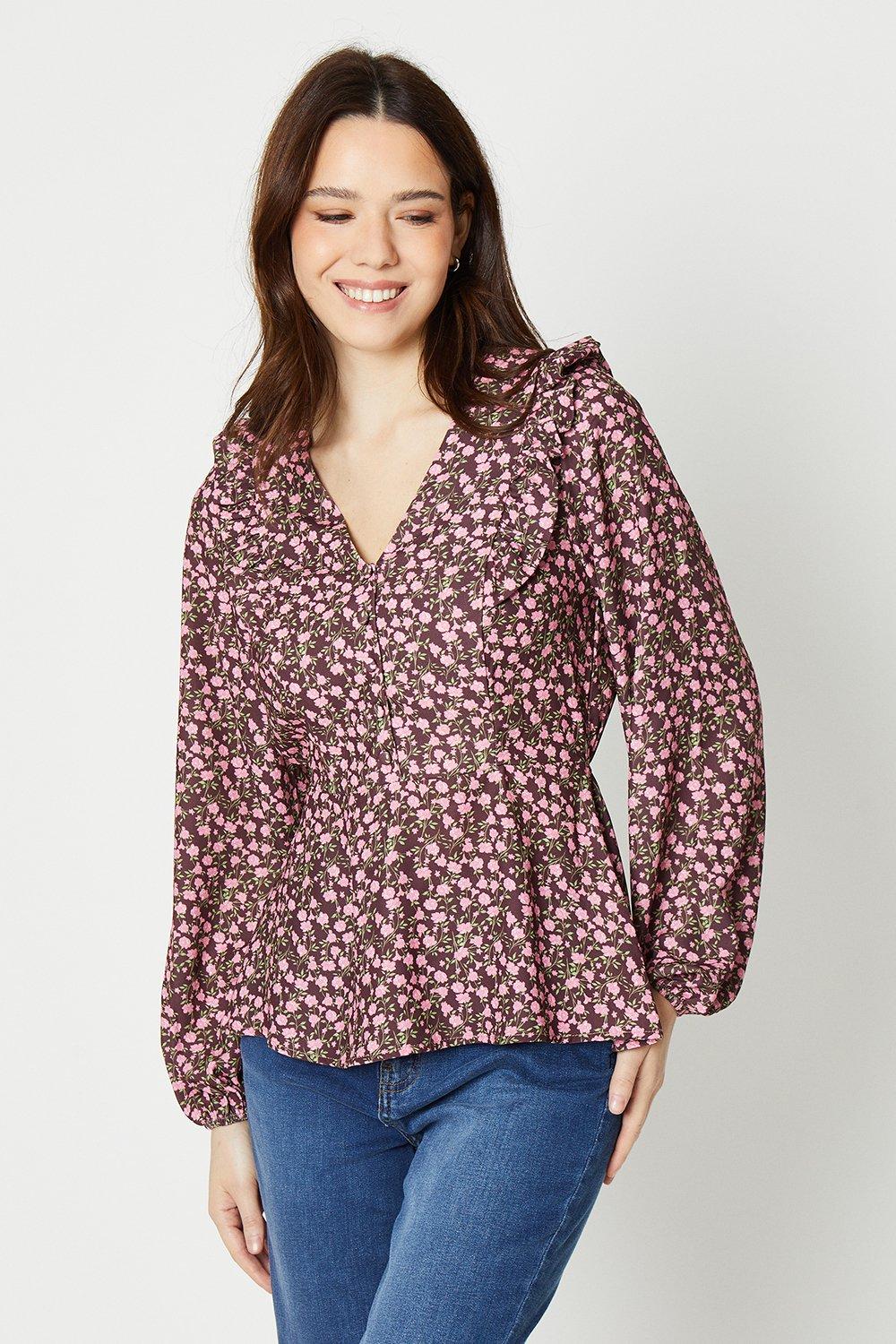Women’s Button Front Long Sleeve Blouse - pink - 14