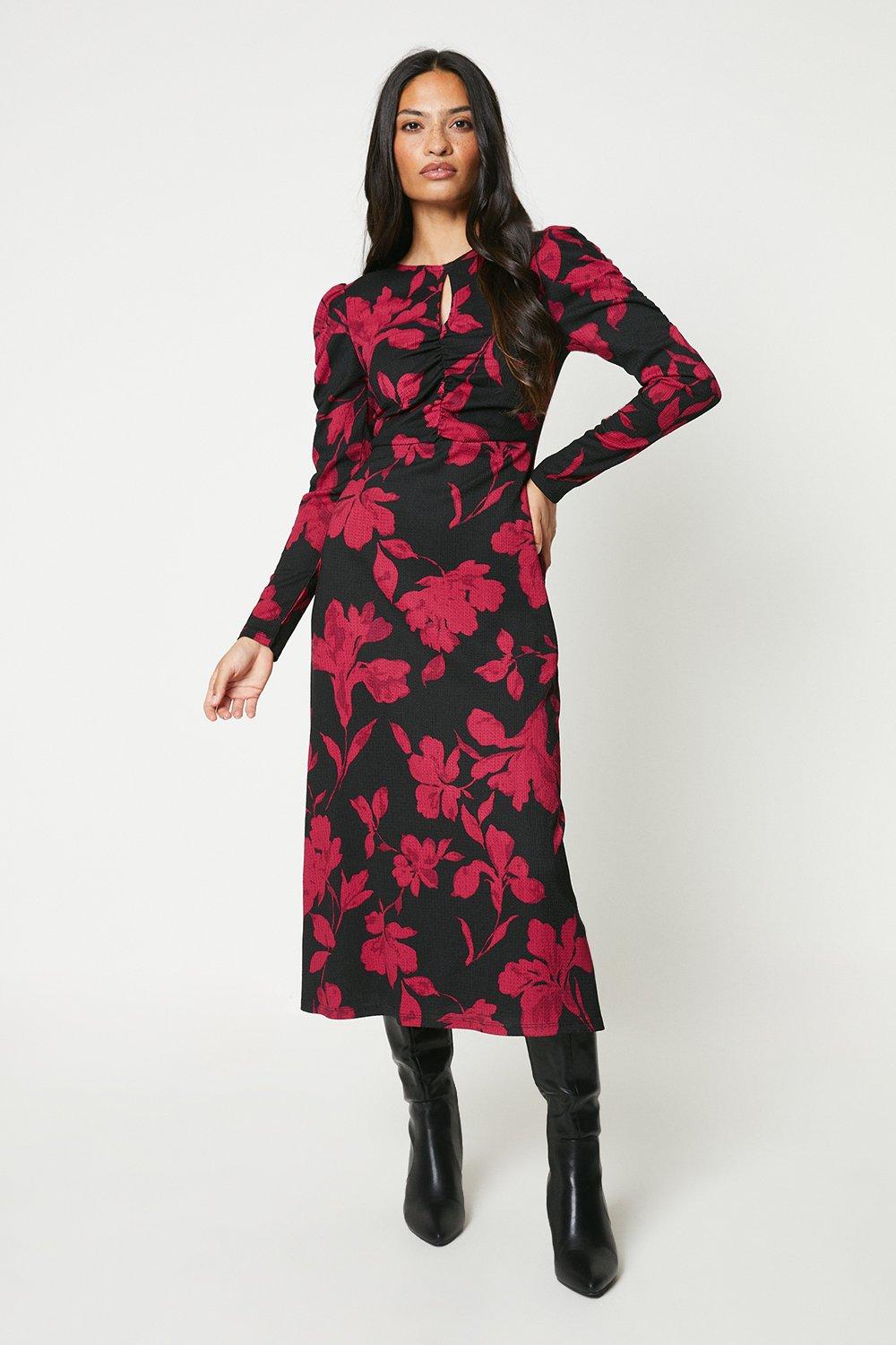 Women’s Red Floral Keyhole Midi Dress - black - 12