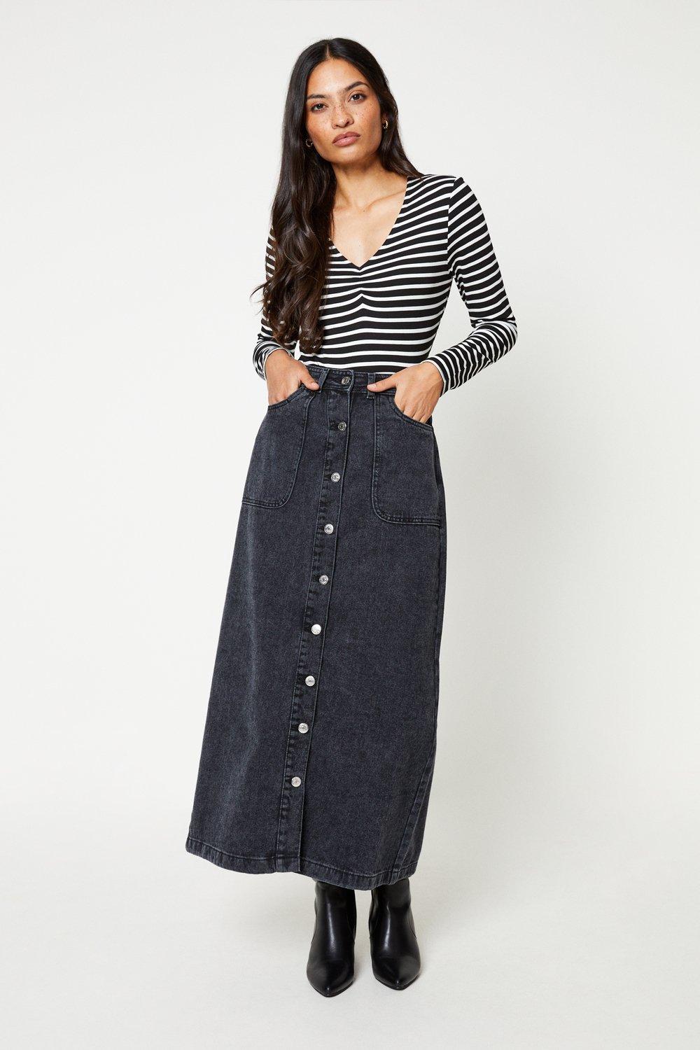 Women’s Denim Button Through A Line Midaxi Skirt - dark wash - 10