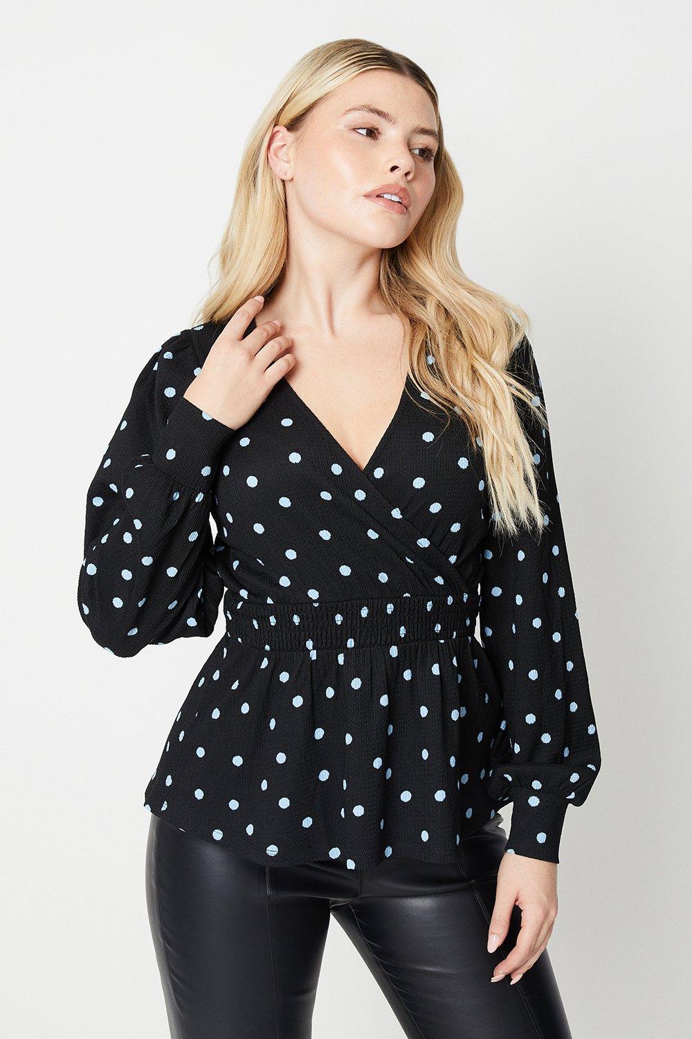 Women’s Spot Shirred Waist Wrap Crinkle Jersey Long Sleeve Top - black - S