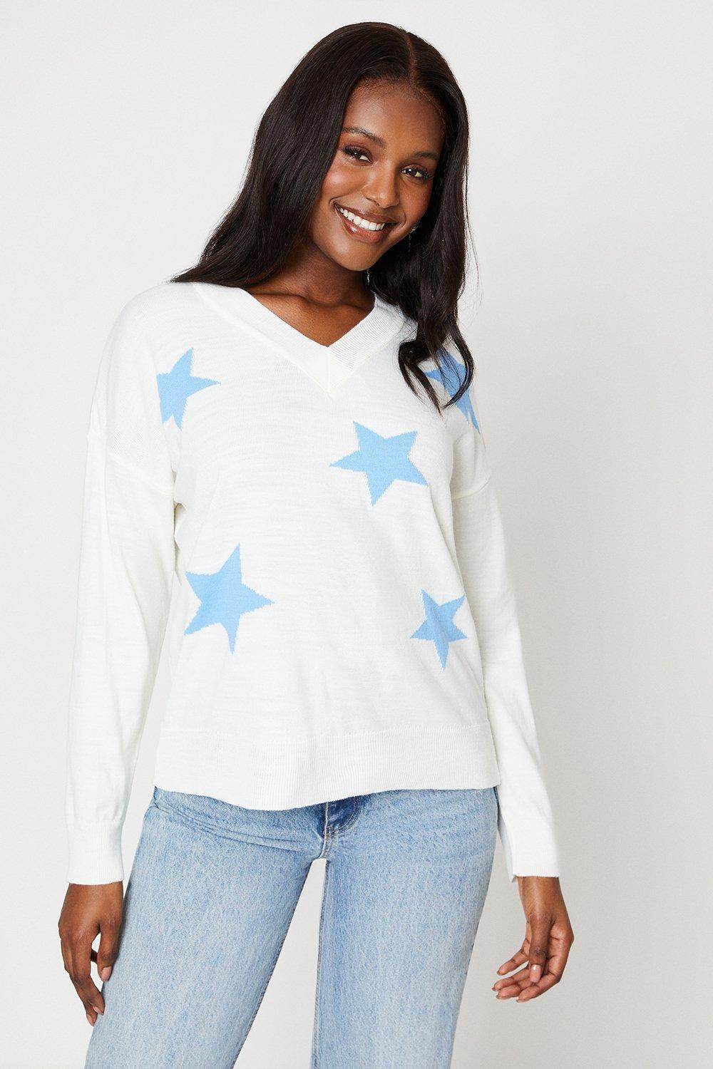 Women’s V Neck All Over Star Print Knitted Jumper - cobalt - M