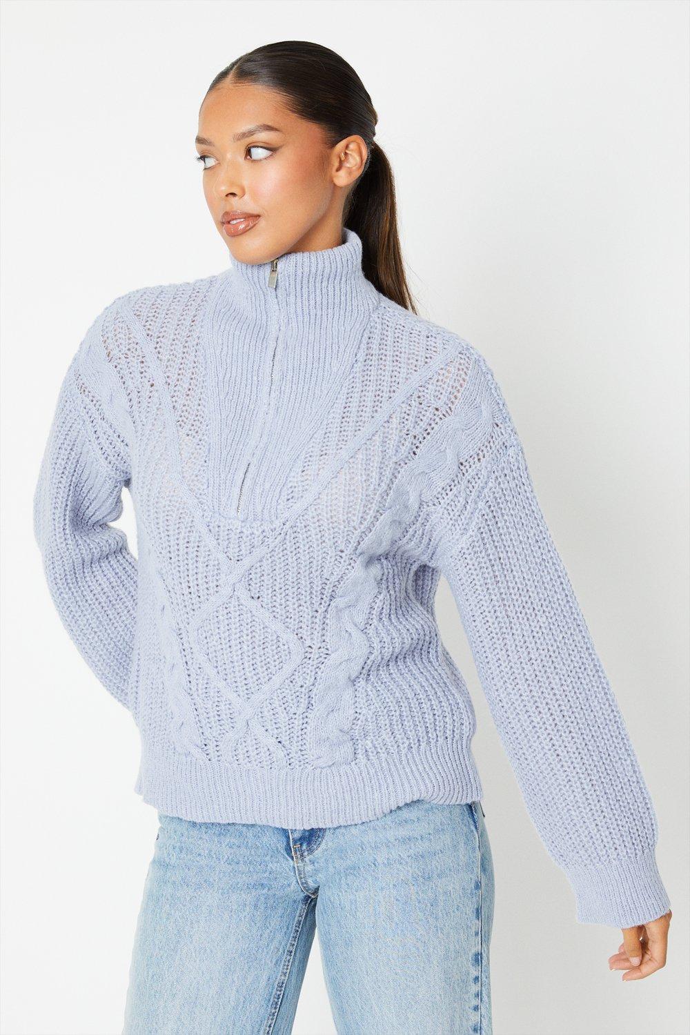 Women’s Cable Detail Half Zip Knitted Jumper - blue - L