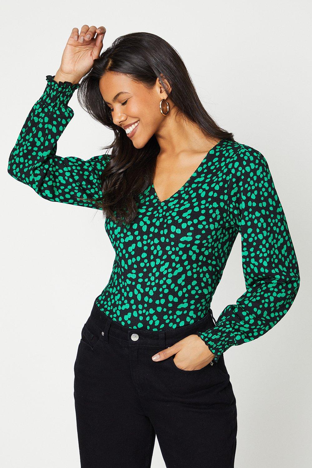 Women’s V Neck Shirred Cuff Frill Long Sleeve Top - green - XL