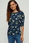Dorothy Perkins Petite Navy Floral Ruched Sleeve Top thumbnail 1
