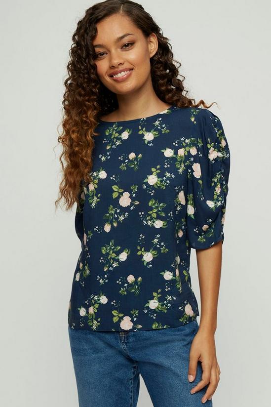Dorothy Perkins Petite Navy Floral Ruched Sleeve Top 1