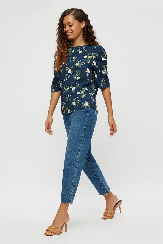 Dorothy Perkins Petite Navy Floral Ruched Sleeve Top 2