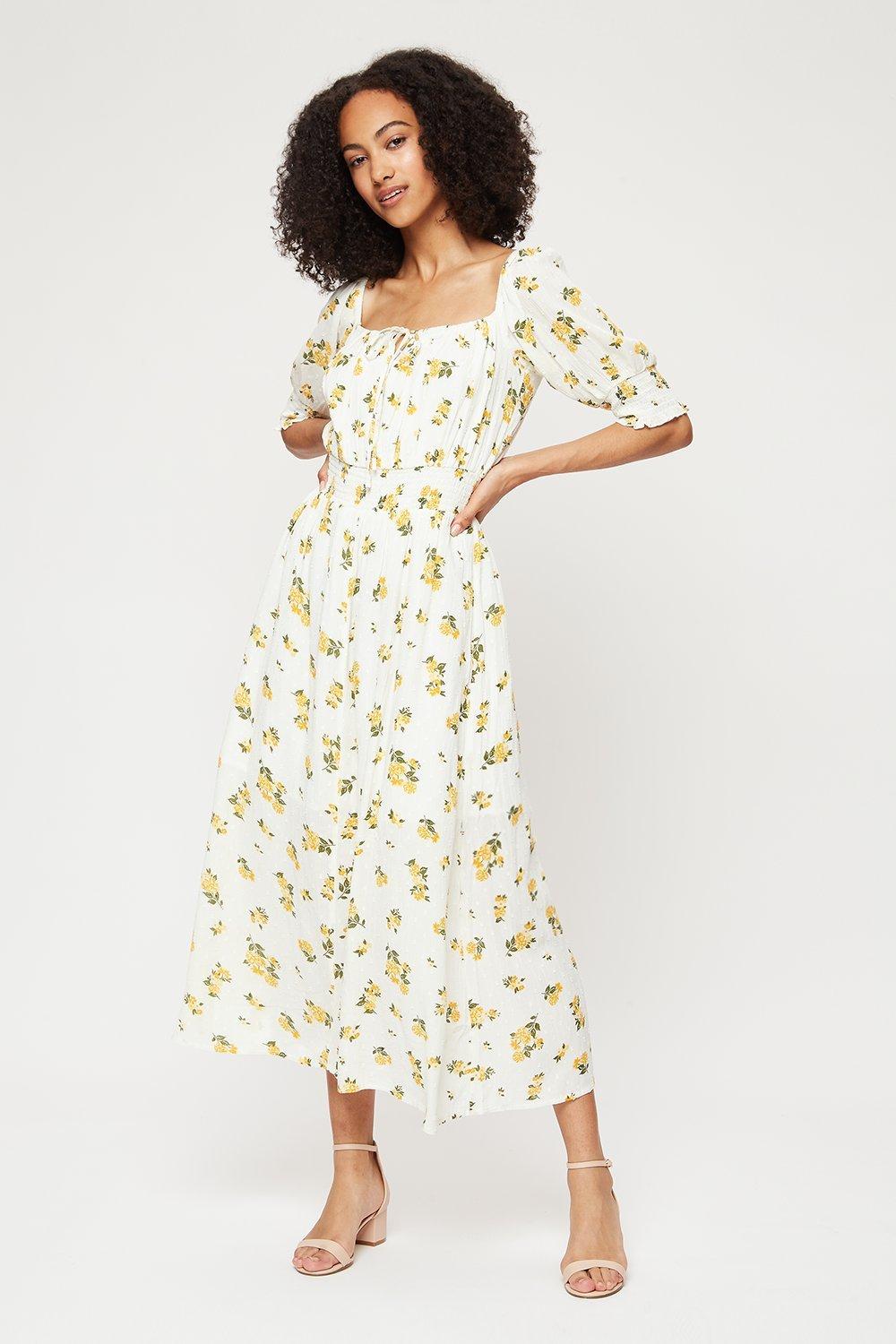 Dresses | Tall Yellow Floral Square Neck Midi Dress | Dorothy Perkins