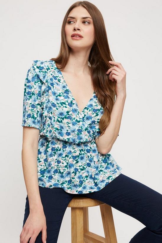 Dorothy Perkins Tall Blue Floral V-neck Ruffle Top 1