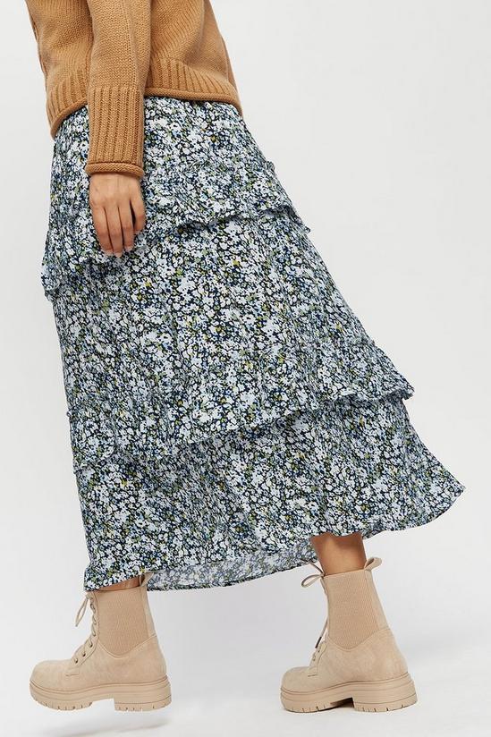 Dorothy Perkins Petite Blue Floral Tiered Frill Midi Skirt 3