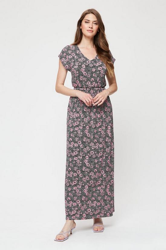 Dorothy Perkins Tall Navy Base Pink Floral Roll Sleeve Maxi 1