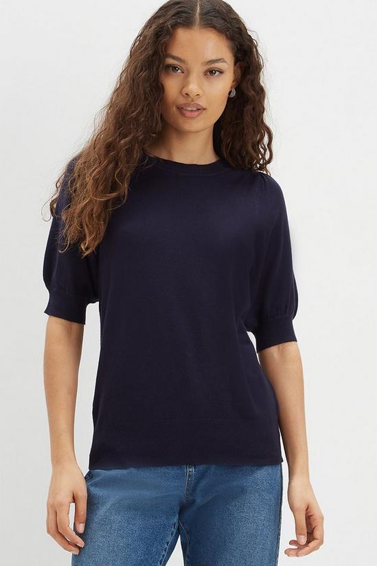 Dorothy Perkins Petite Navy Knit Puff Sleeve T-Shirt 1