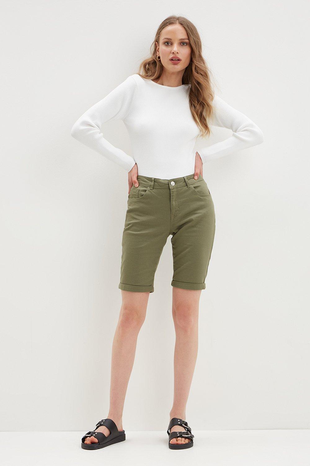 Womens khaki shorts knee on sale length