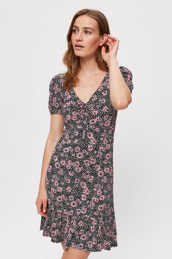 Dorothy Perkins Black Pink Floral Ruched Fit And Flare Dress 1