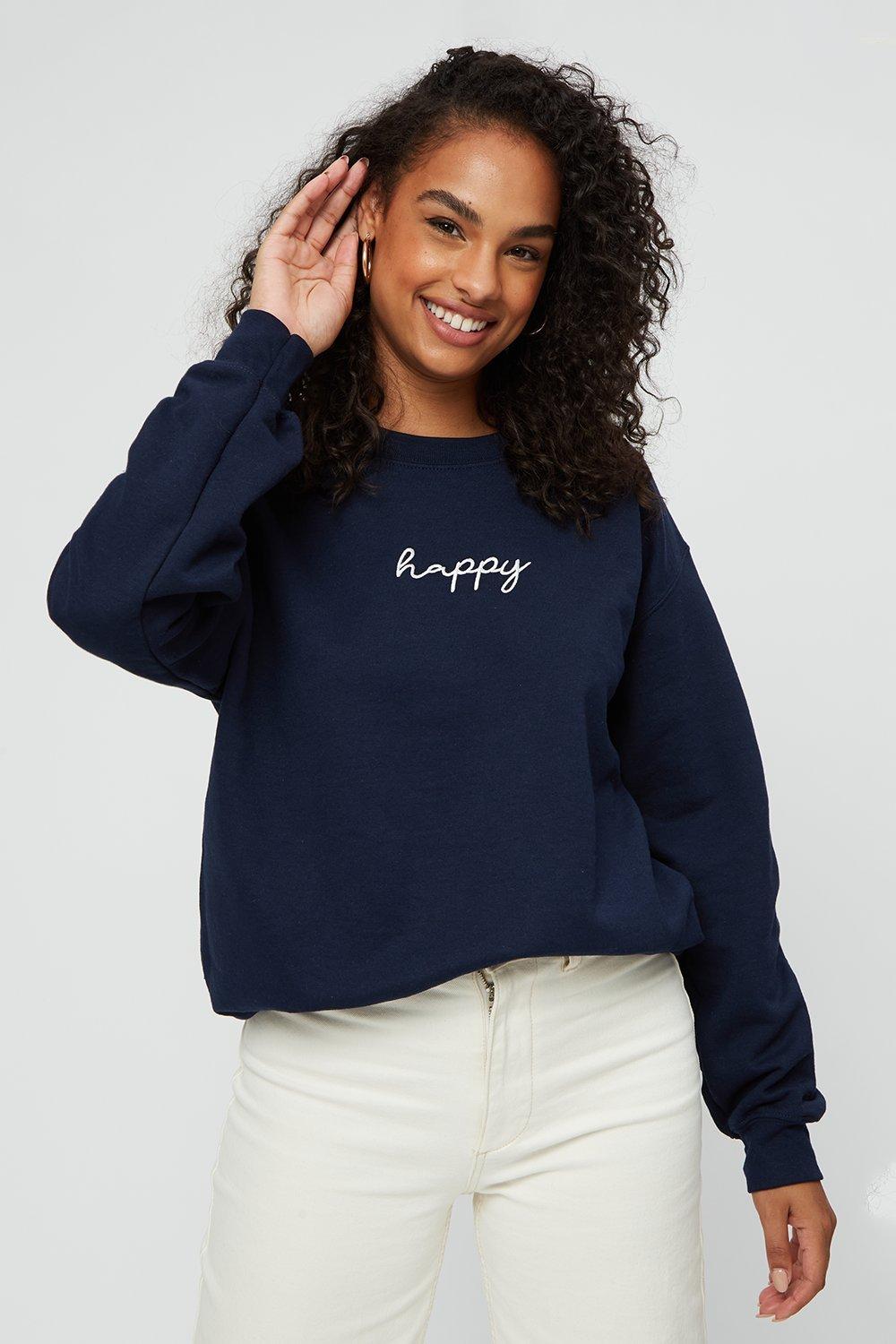 Navy Happy Embroidered Sweatshirt