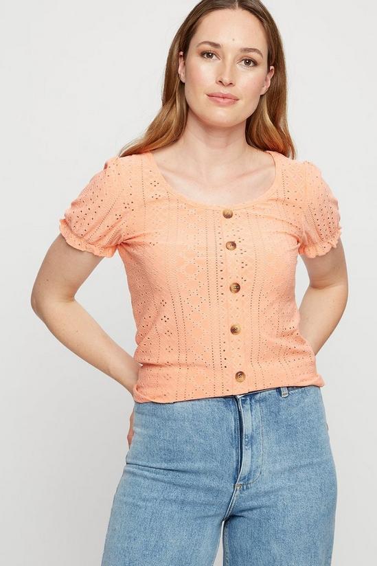 Dorothy Perkins Coral Broderie Button Through Puff Sleeve Top 1