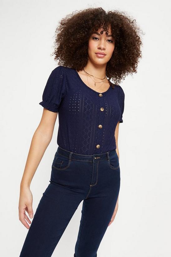 Dorothy Perkins Tall Navy Broderie Button Puff Sleeve Top 1