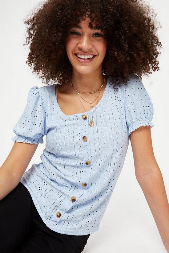 Dorothy Perkins Tall Blue Broderie Button Puff Sleeve Top 1