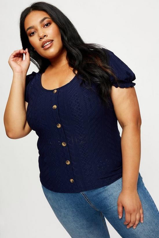 Dorothy Perkins Curve Navy Broderie Button Puff Sleeve Top 1