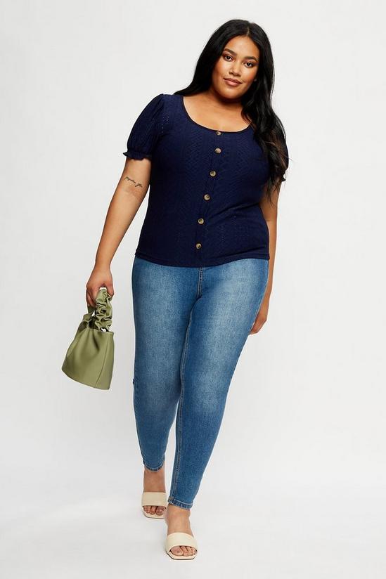 Dorothy Perkins Curve Navy Broderie Button Puff Sleeve Top 2