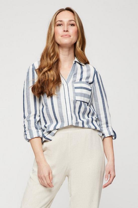 Dorothy Perkins Navy Wide Stripe Open Collar Linen Shirt 1