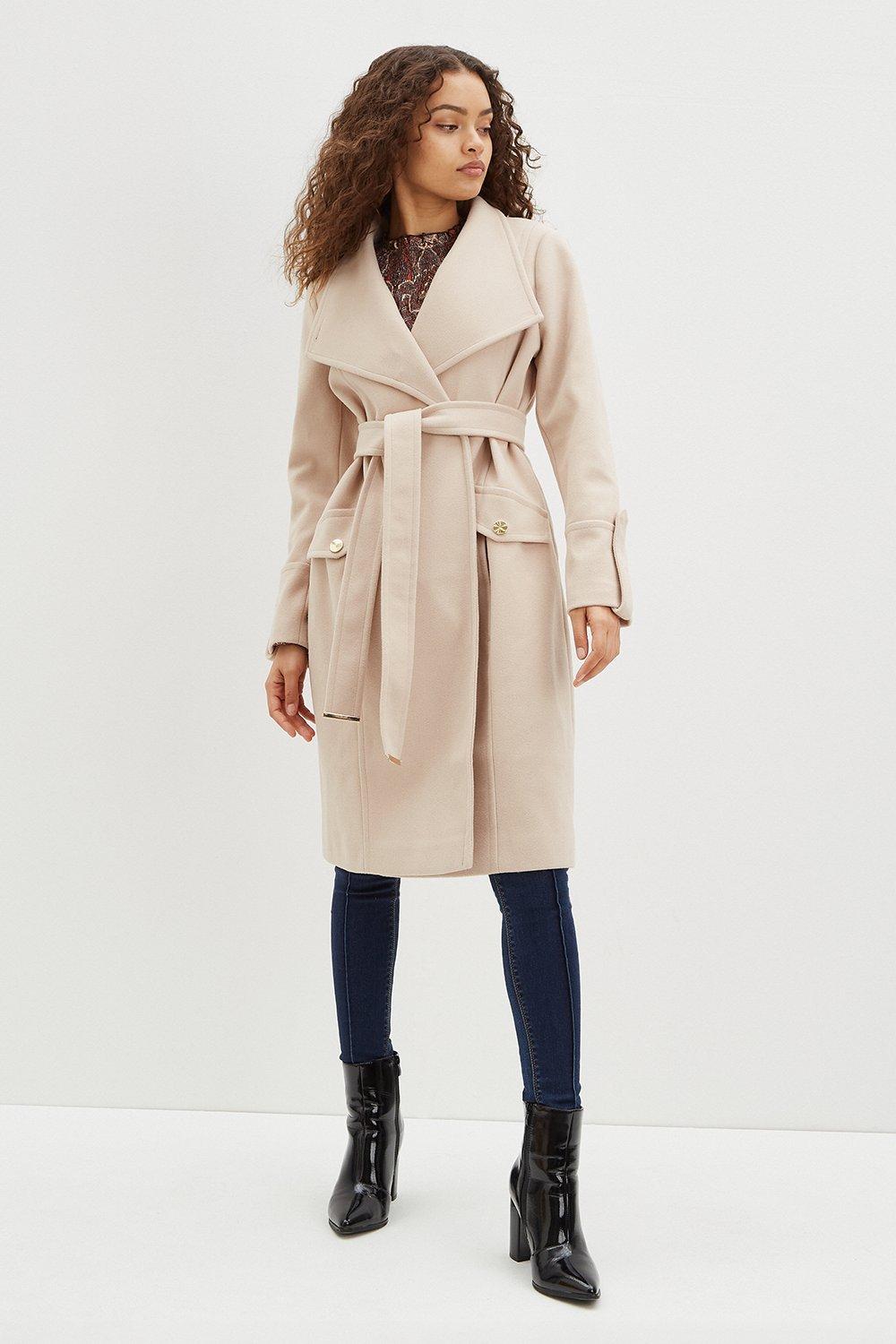 Women's Wide Collar Wrap Coat - Short-Length - Camel Small / Camel