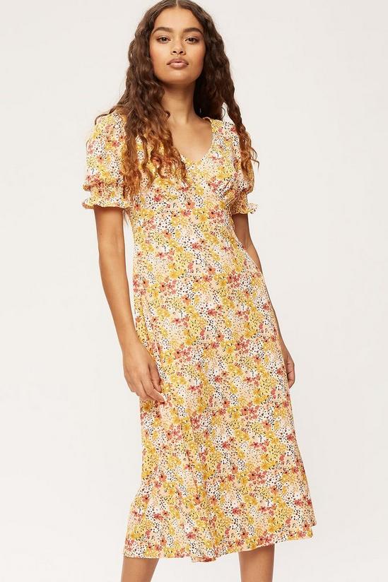 Dorothy Perkins Petite Yellow Floral Print V Neck Midi Dress 1