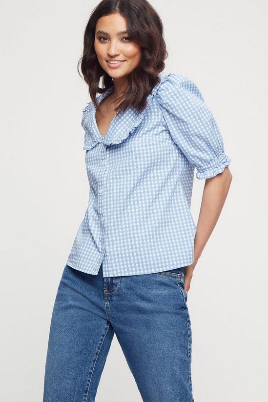 Dorothy Perkins Petite Blue Gingham Frill Collared Top 2