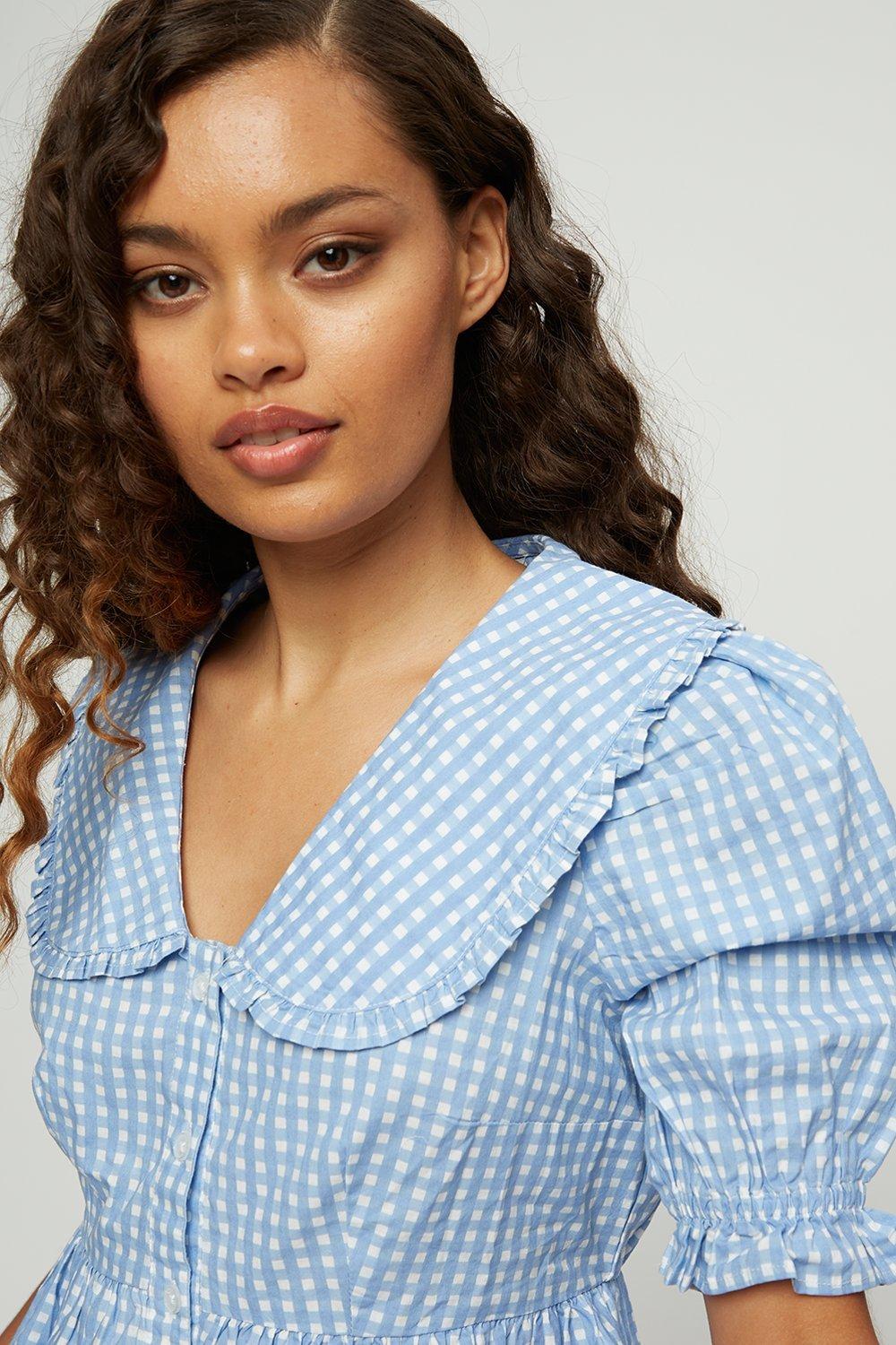 Dresses Petite Blue Gingham Frill Collar Dress Dorothy Perkins