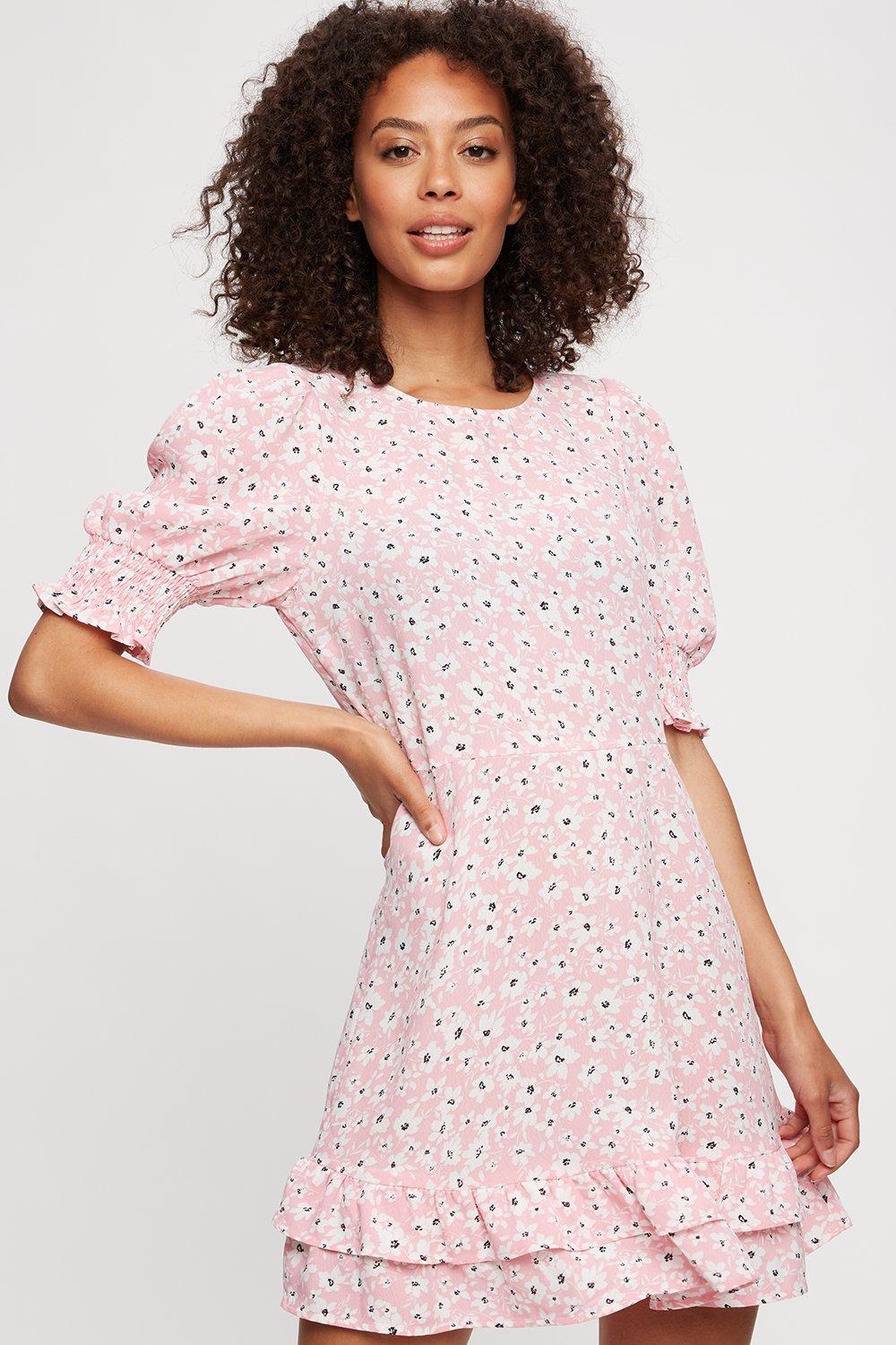 Women's Pink Ditsy Floral Frill Hem Mini Dress - pale pink - 16
