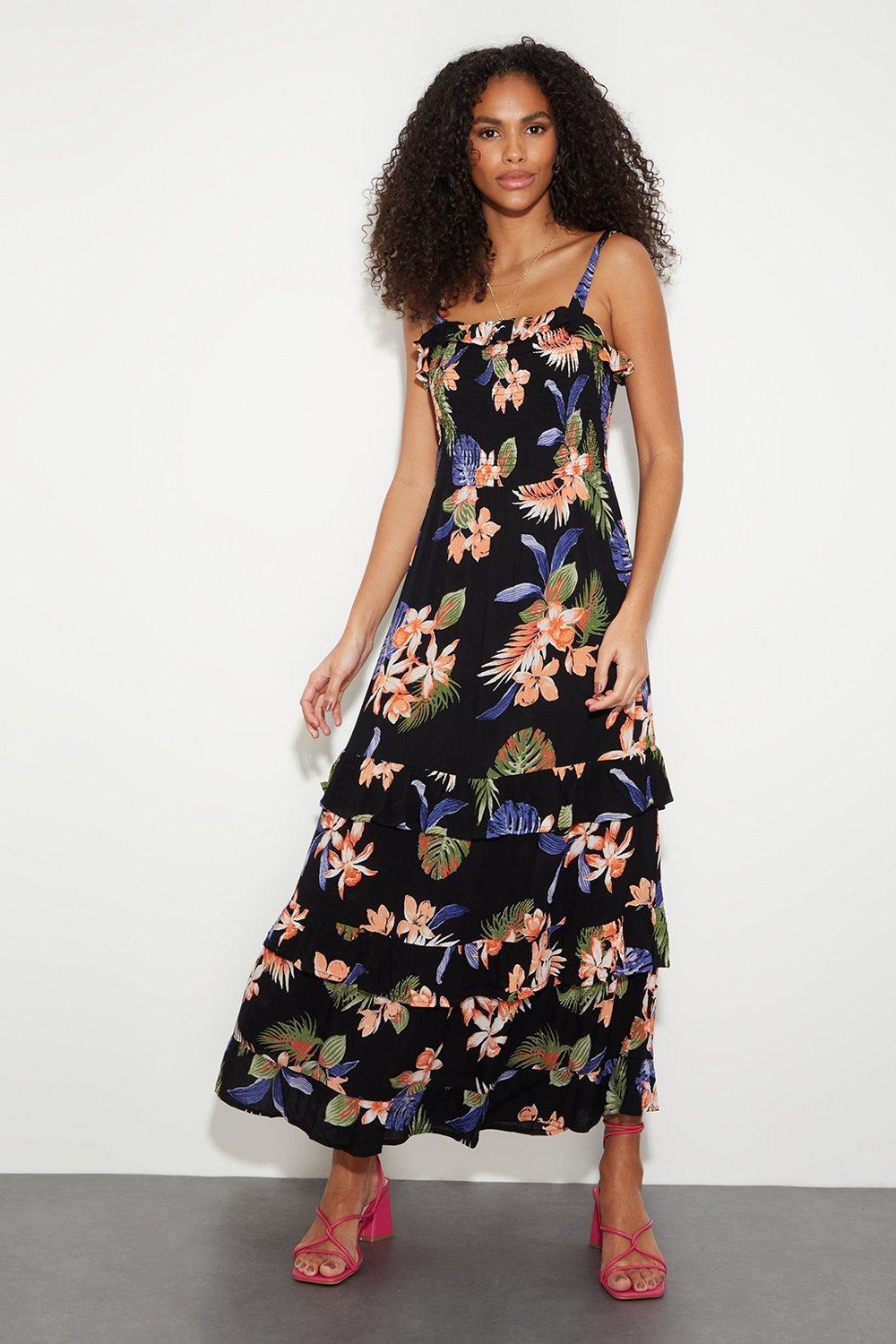 Women's Tropical Print Shirred Midaxi Dress - black - 14