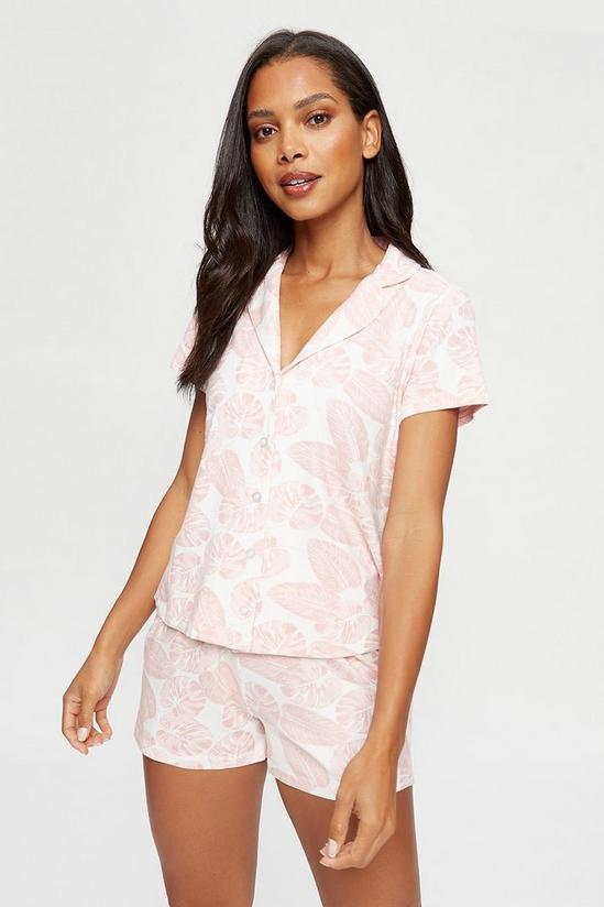 Dorothy Perkins Pink Palm Revere Short Sleeve Shirt And Shorts Pyjama Set 1