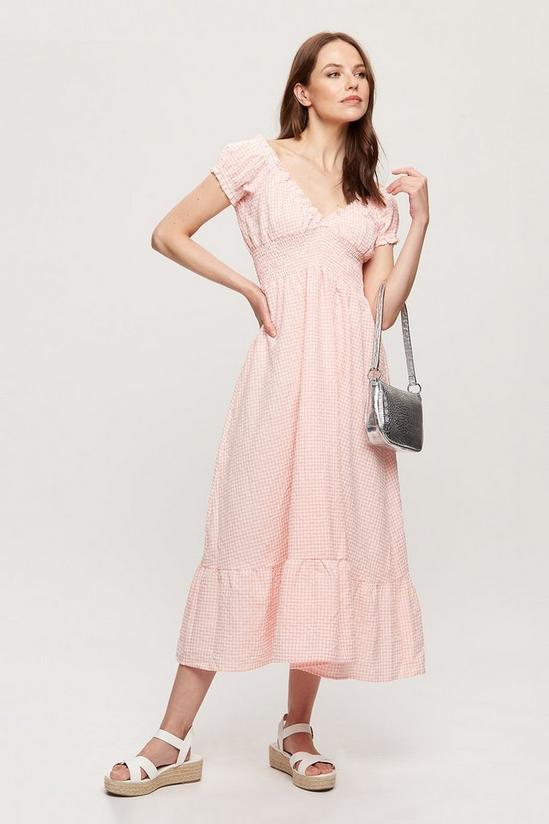 Dorothy Perkins Pink Gingham Shirred Milkmaid Midi Dress 1