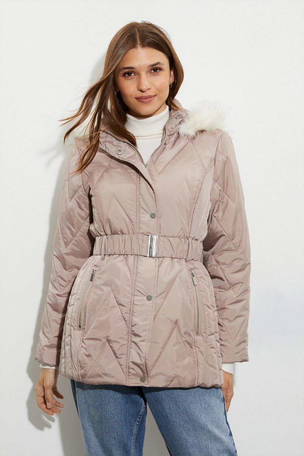 Women’s Short Belted Quilted Padded Coat - taupe - 10