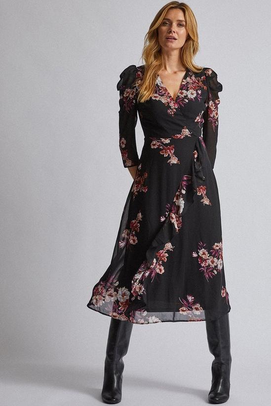 Dorothy Perkins Floral Puff Sleeve Wrap Midi Dress 1