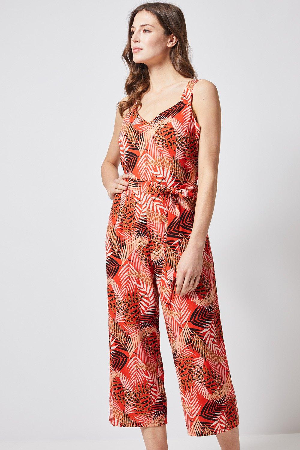 Red Tropical Print Wide Leg Jumpsuit