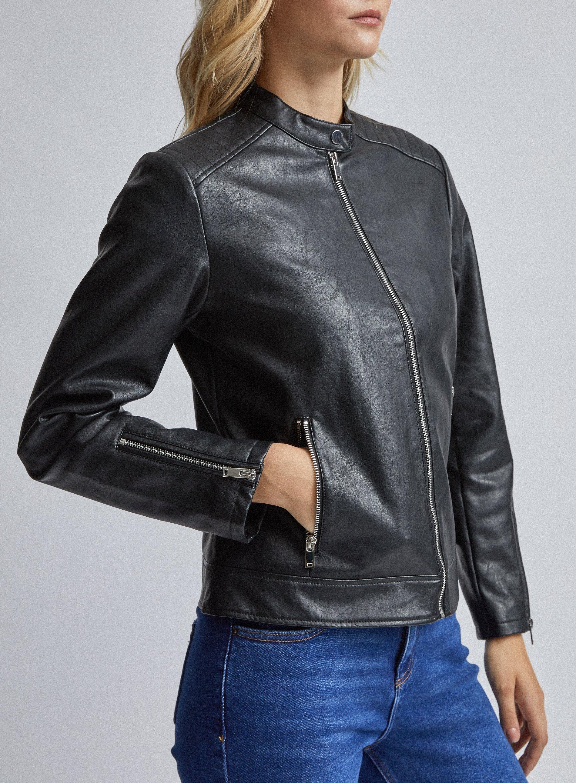 Jackets Coats Black Faux Leather Collarless Jacket Dorothy