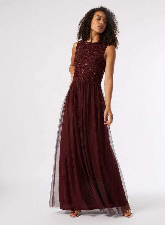 Dorothy Perkins Tall Burgundy Embellished Tulle Maxi Dress 1