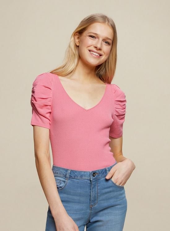 Dorothy Perkins Pink Ruched Sleeve Top 1