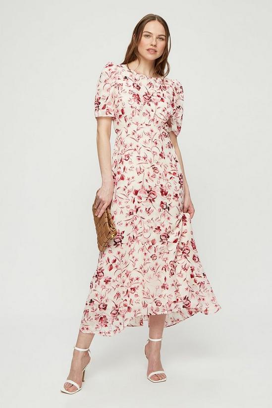 Dorothy Perkins Pink Floral Jacquard Puff Midi Dress 1
