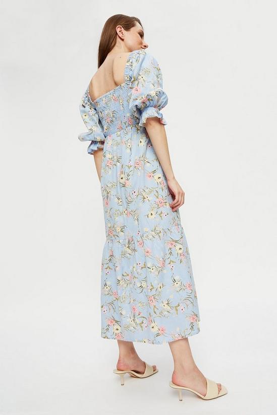 Dorothy Perkins Blue Floral Puff Sleeve Shirred Midi Dress 3